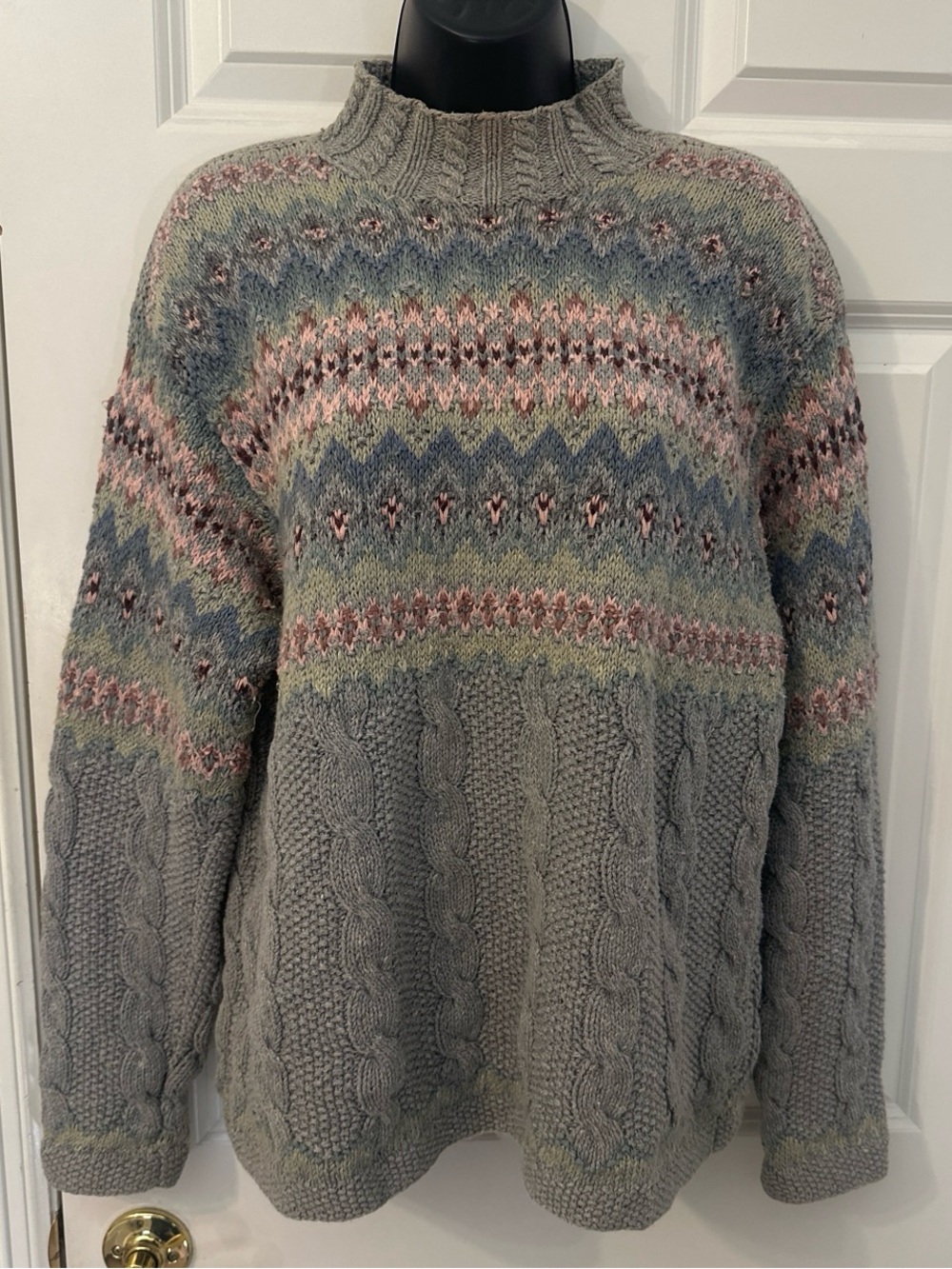 Cozy Grey Cable-Knit Fair Isle Sweater - Women's Jones New York Sweater